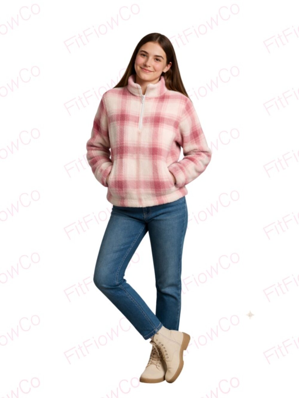 No Boundaries Girls Pink Plaid Sherpa Quarter Zip Jacket XL 16-18 NWT
